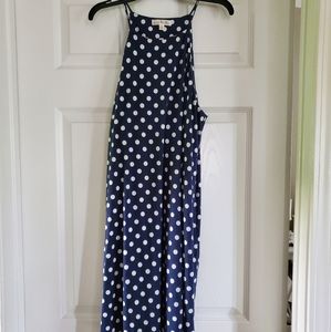 Navy/white spaghetti strap polka dot dress.